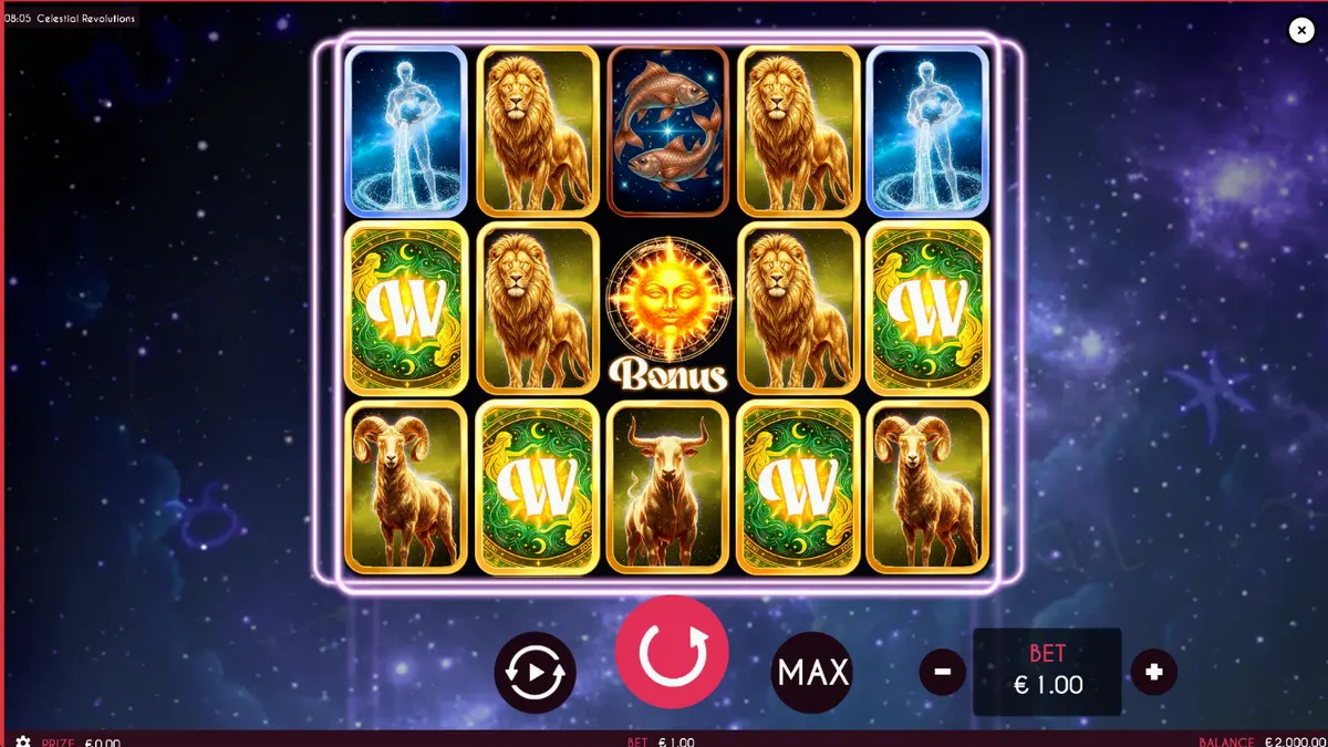 Tampilan visual slot Celestial Revolutions dengan latar belakang konstelasi bintang dan simbol zodiak.