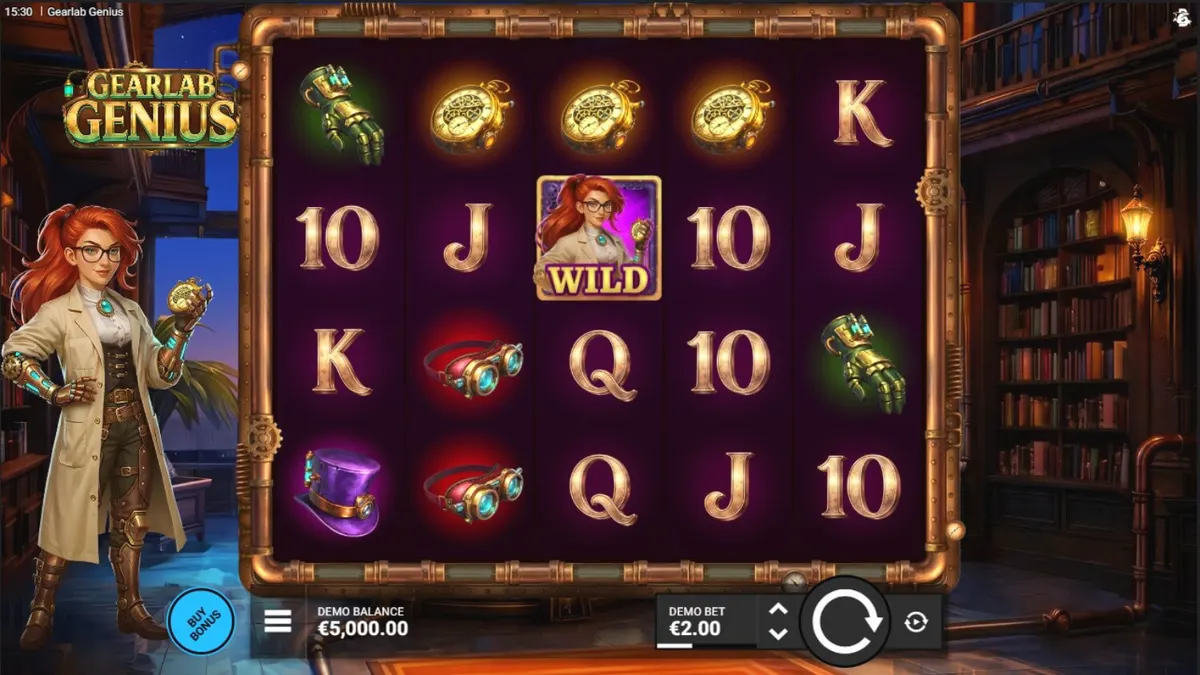 Tampilan visual slot Gearlab Genius dengan tema bengkel steampunk yang penuh dengan roda gigi dan peralatan kuningan.